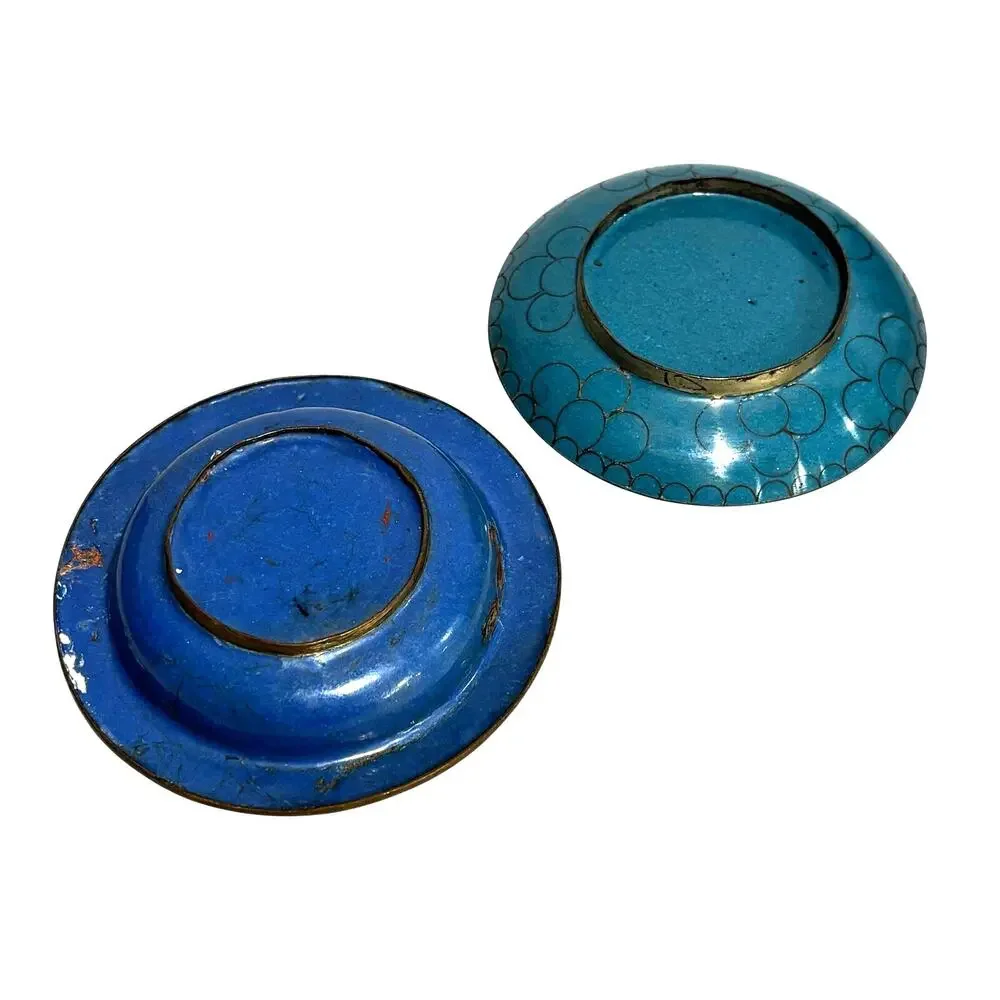 Two small enamel on brass Cloisonne mini plates Asian motif vintage decorative